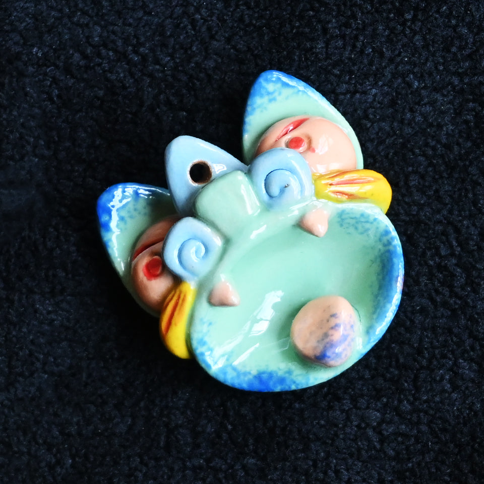 Heartfelt Guardian | Handcrafted Ceramic WaMao （猫头）Pendant Necklace | 蓝绿