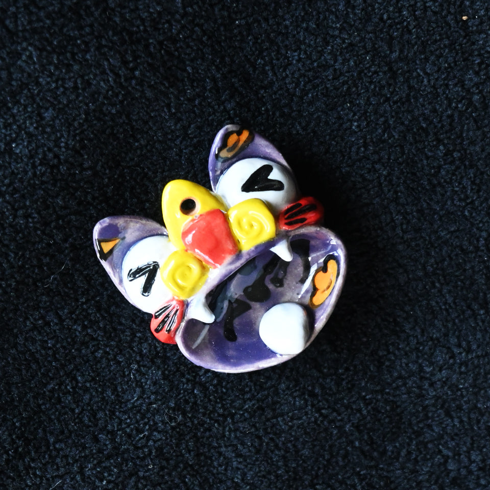 Heartfelt Guardian | Handcrafted Ceramic WaMao（猫头）Pendant Necklace | 粉紫