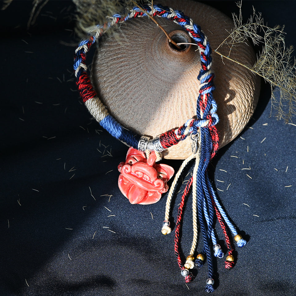 大猫头Attendant Guardian | Handcrafted Ceramic WaMao Bracelet | Crimson Flame