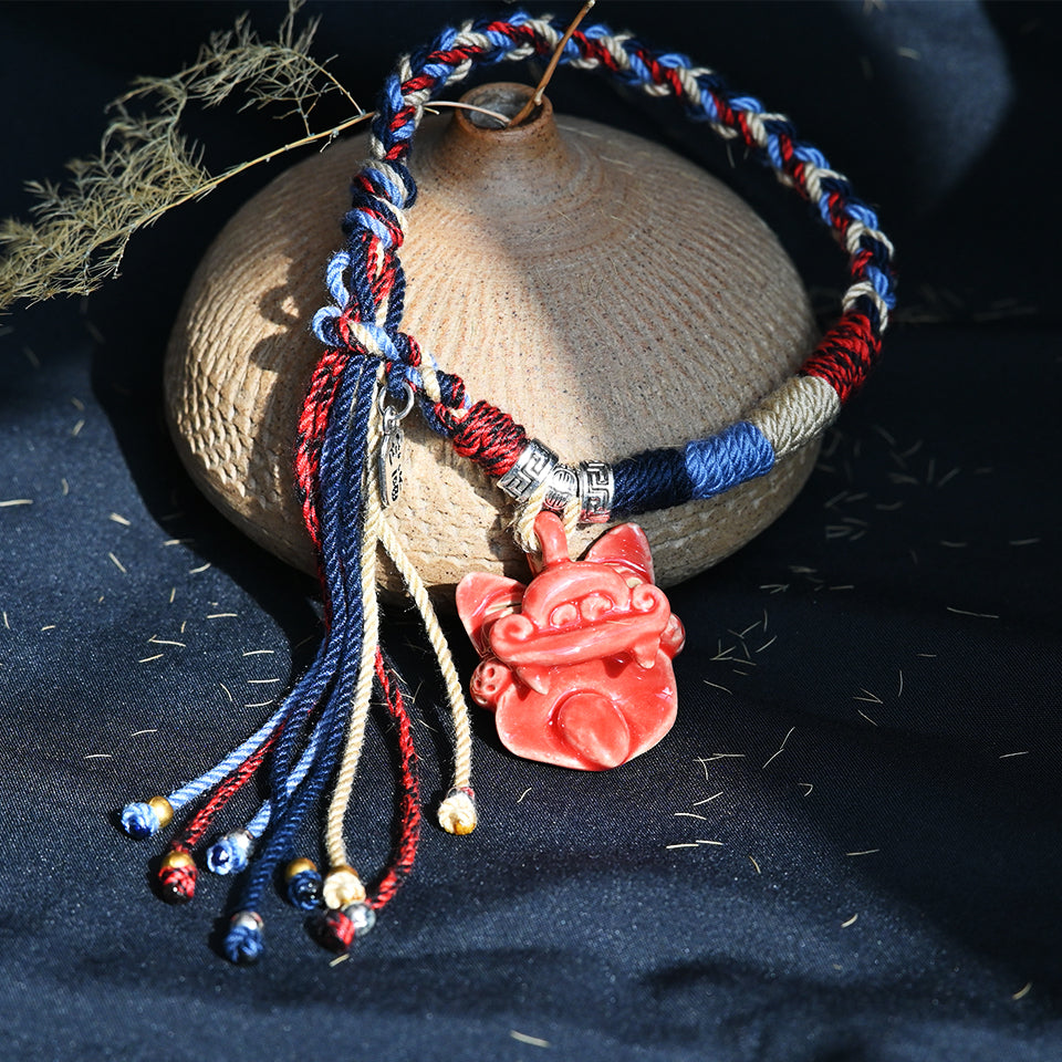 大猫头Attendant Guardian | Handcrafted Ceramic WaMao Bracelet | Crimson Flame