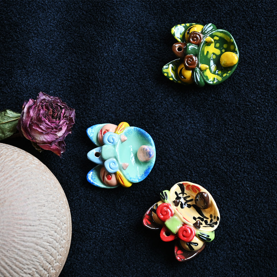 Heartfelt Guardian | Handcrafted Ceramic WaMao （猫头）Pendant Necklace | 蓝绿