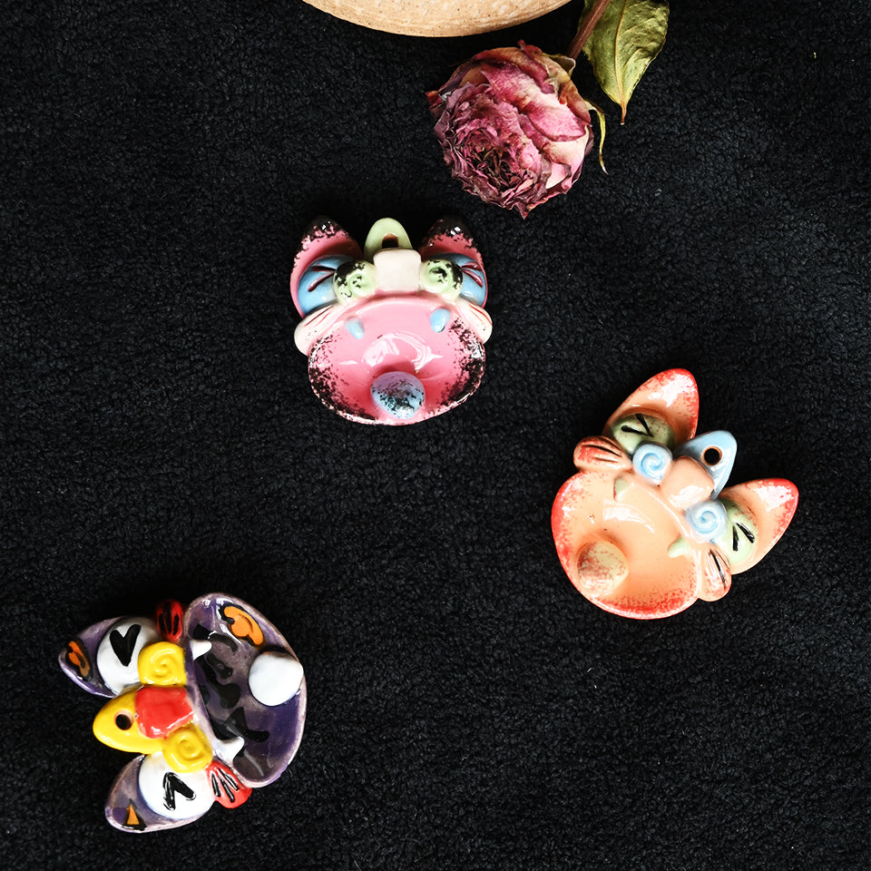 Heartfelt Guardian | Handcrafted Ceramic WaMao（猫头）Pendant Necklace | 粉紫