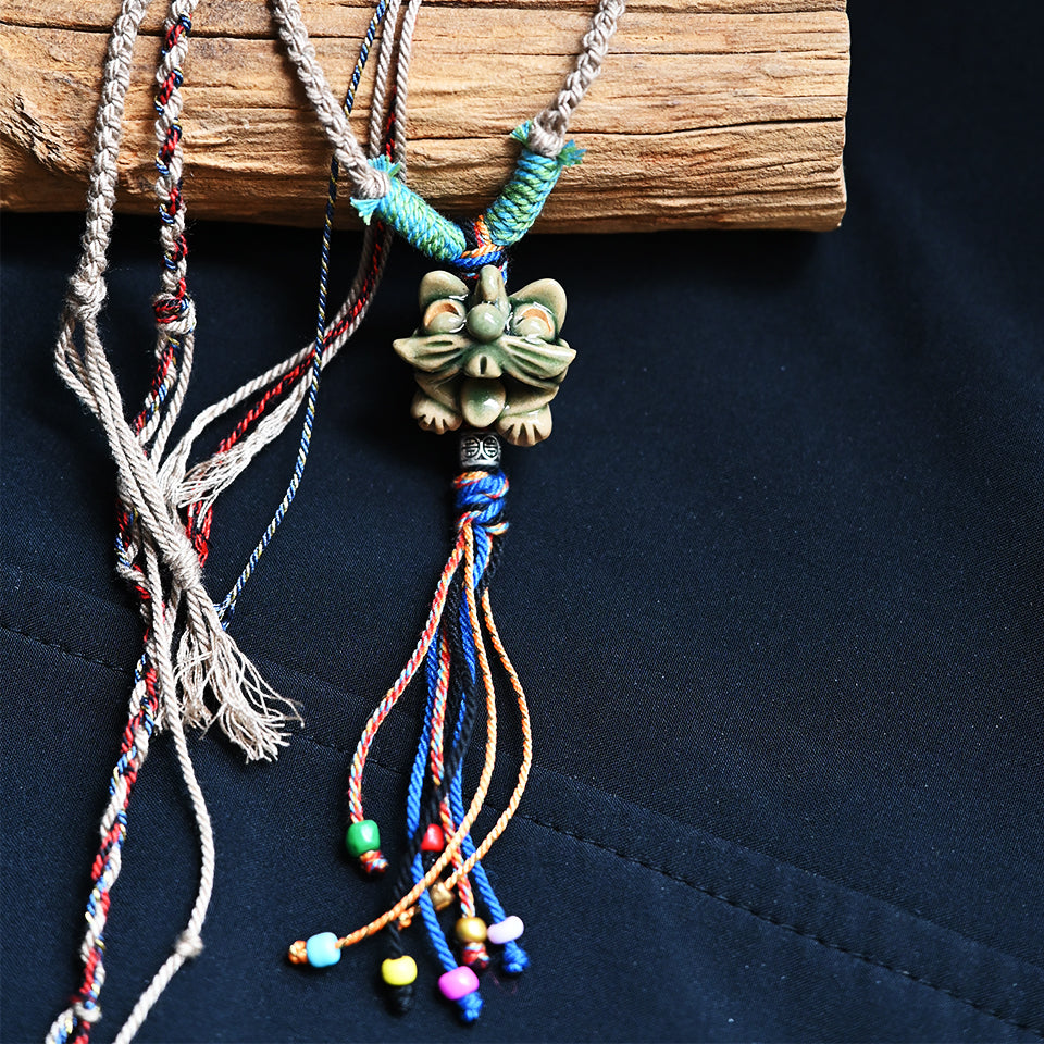 玲珑猫-绿Heartfelt Guardian | Handcrafted Ceramic WaMao Necklace | Sculpted Cat - Small（副本）（副本）