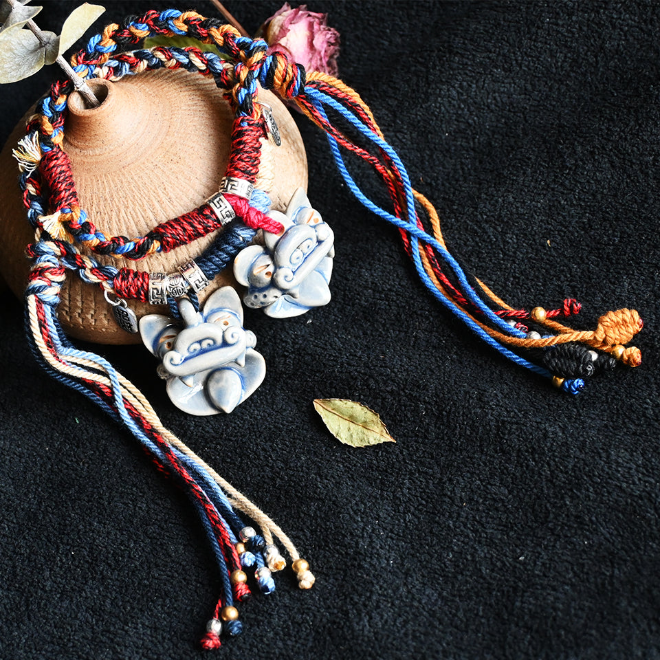 大猫头Attendant Guardian | Handcrafted Ceramic WaMao Tile Cat Bracelet | Azure Wave