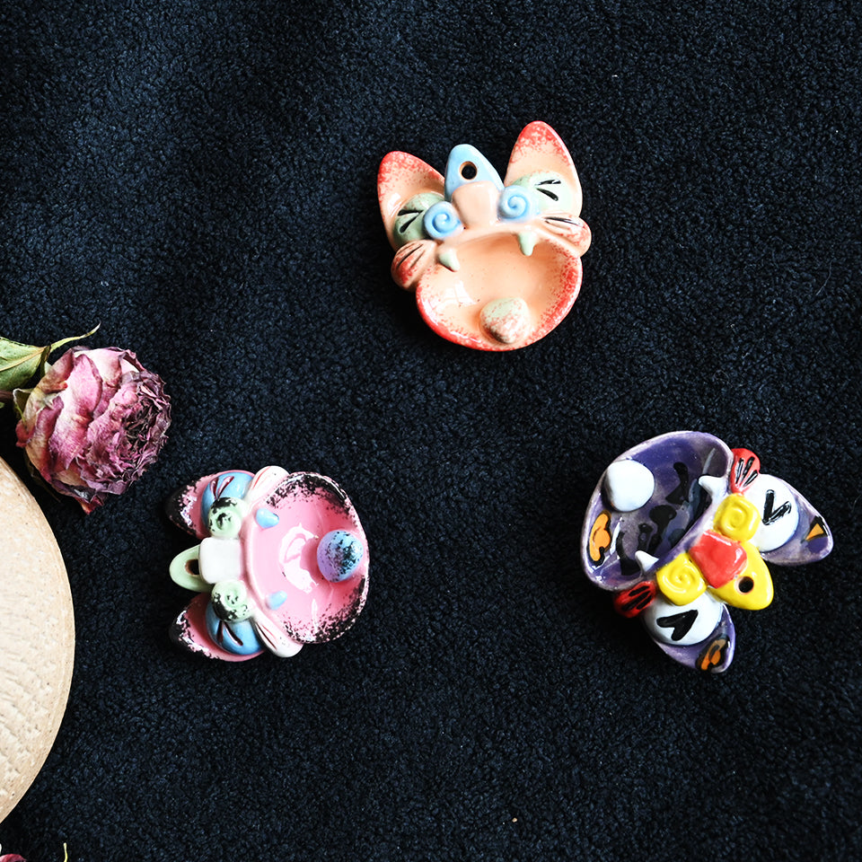 Heartfelt Guardian | Handcrafted Ceramic WaMao（猫头）Pendant Necklace | 粉紫