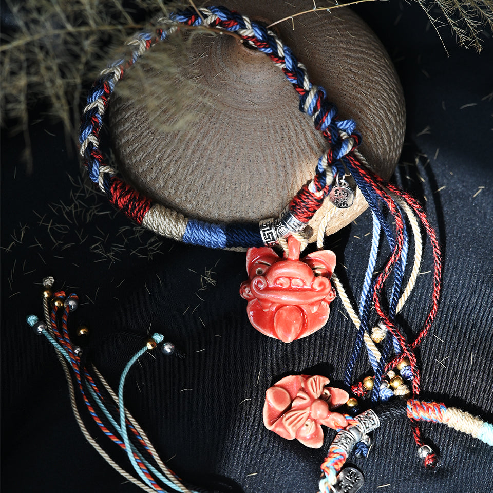 Attendant Guardian | Handcrafted Ceramic WaMao Bracelet | Crimson Flame