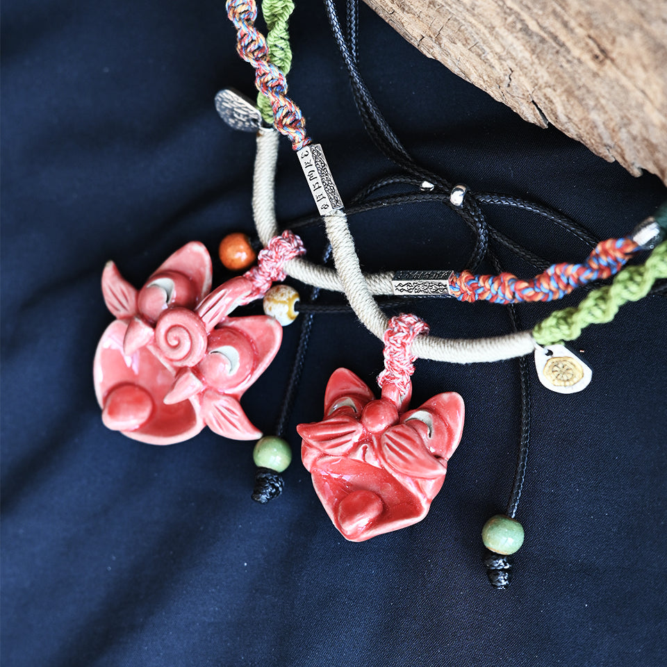Heartfelt Guardian | Handcrafted Ceramic WaMao Necklace | Crimson Flame