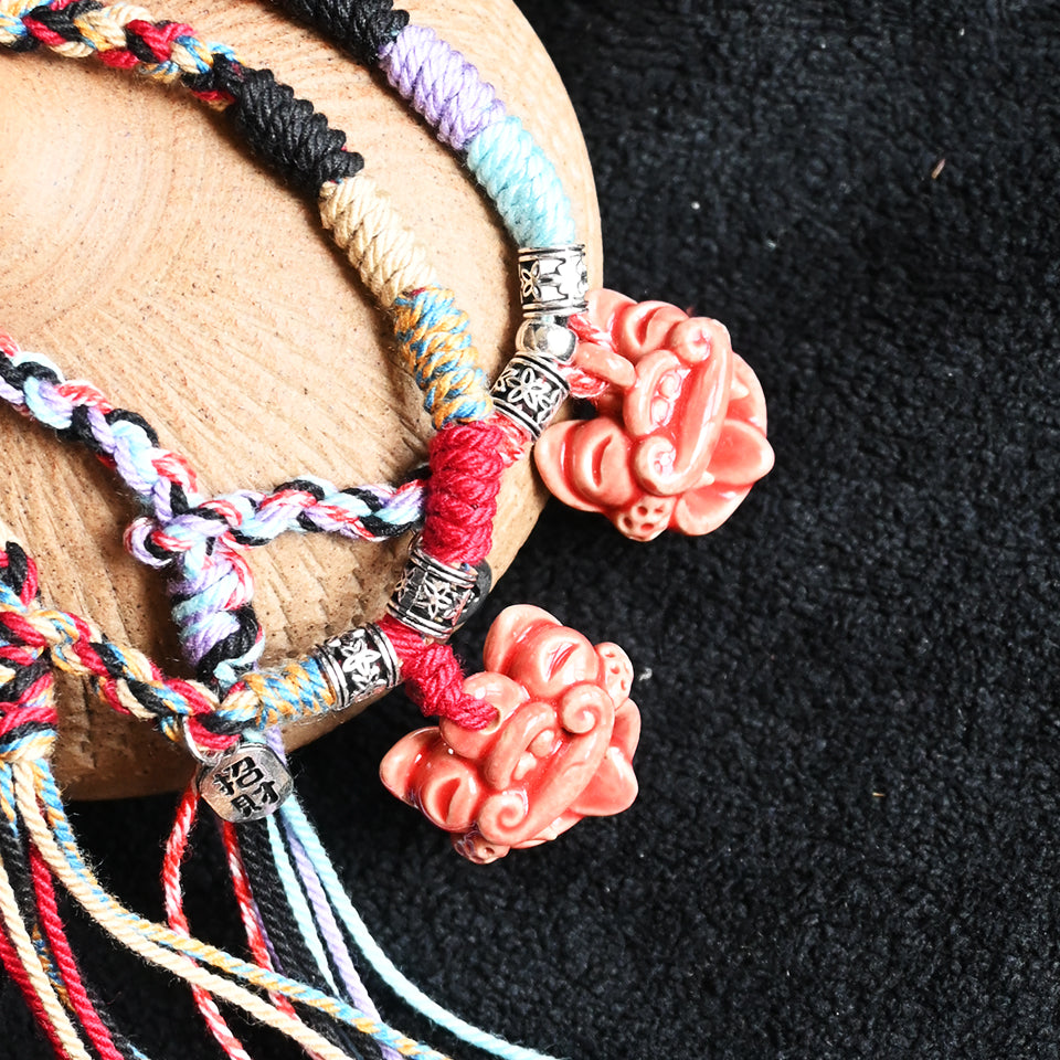大猫头Attendant Guardian | Handcrafted Ceramic WaMao Bracelet | Crimson Flame