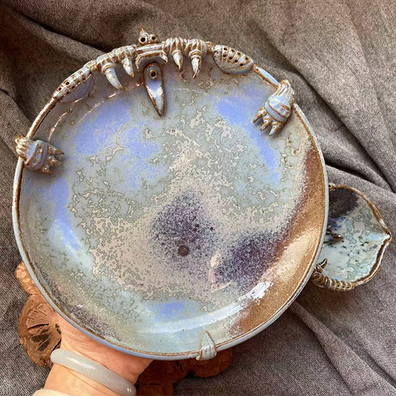 Galaxy glaze WaMao cat plate handcrafted by VividAion, featuring cosmic swirls of blue, purple, and silver.