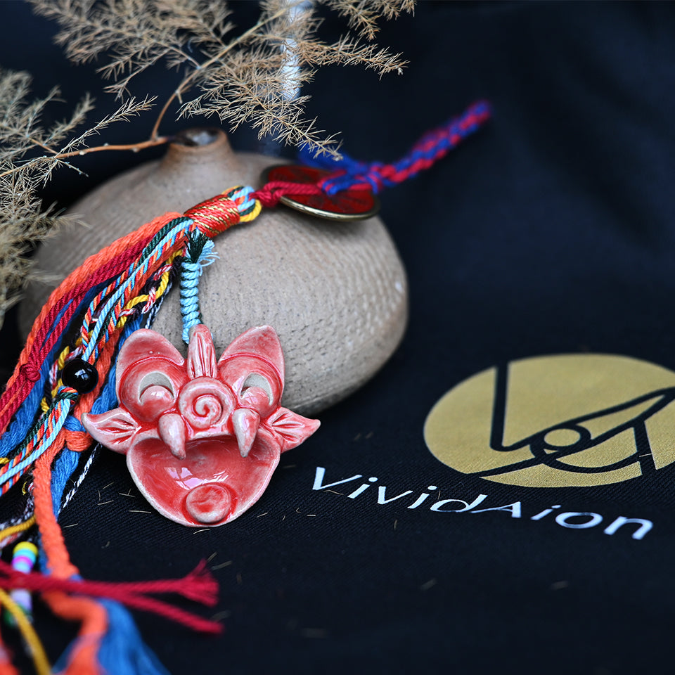 Crimson Flame handcrafted ceramic Tile Cat ornament by VividAion, a vivid red WaMao guardian symbolizing vitality and courage.