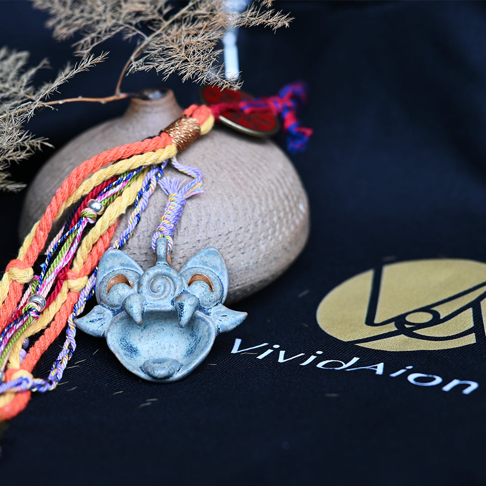 Verdigris Spirit ceramic WaMao guardian ornament by VividAion, handcrafted in Yunnan-inspired mythic design, symbolizing protection and wisdom