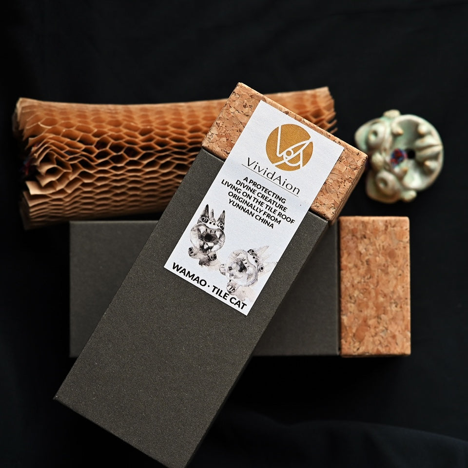 VividAion signature gift box made from eco-friendly cork and textured paper, elegant handcrafted packaging for guardian jewellery and art talismans.