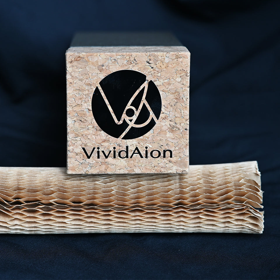 VividAion signature gift box made from eco-friendly cork and textured paper, elegant handcrafted packaging for guardian jewellery and art talismans.